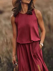 Round-Neck Sleeveless Slit Maxi Dress - Plus Size