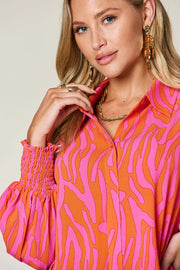 Printed Smocked Long-Sleeve Blouse - Plus Size