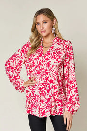 Printed Ruffle Trim Balloon Sleeve Shirt - Plus Size