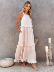 Ruffled Sleeveless Tiered Maxi Dress Pocketed