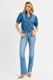 RISEN Button-Down Puff Sleeve Crop Denim Shirt