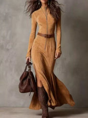 Zipper Front Long-Sleeve Slit Maxi Dress - Plus Size