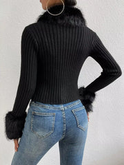 Faux Fur Trim Rib-Knit Cropped Cardigan