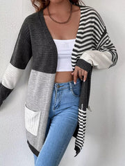 Striped Color-Block Open-Front Cardigan