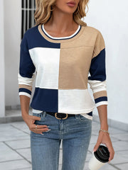Color-Block Round-Neck Sweater with Ribbed Trim