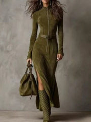 Zipper Front Long-Sleeve Slit Maxi Dress - Plus Size