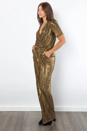 Be Stage Surplice Short-Sleeve Pleated Foil Jumpsuit