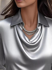 Satin Cowl Neck Long-Sleeve Blouse - Plus Size