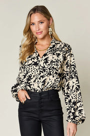 Printed Ruffle Trim Balloon Sleeve Shirt - Plus Size