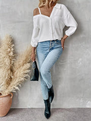Asymmetrical Cold-Shoulder Button-Up Shirt