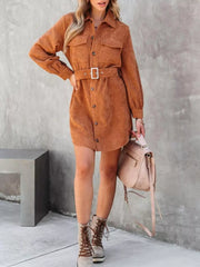 Button-Front Belt Long-Sleeve Corduroy Dress