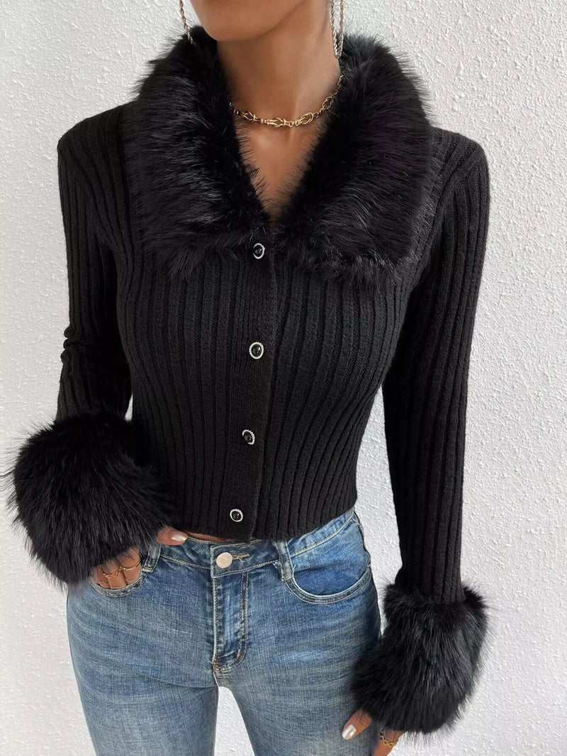 Faux Fur Trim Rib-Knit Cropped Cardigan