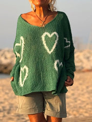 Heart V-Neck Drop-Shoulder Sweater