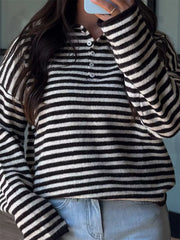 Button Detail Drop-Shoulder Striped Sweater