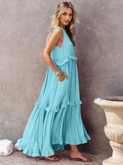 Ruffled Sleeveless Tiered Maxi Dress Pocketed