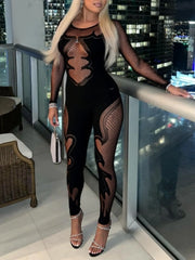 Fishing Net Sheer Long-Sleeve Jumpsuit