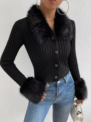 Faux Fur Trim Rib-Knit Cropped Cardigan