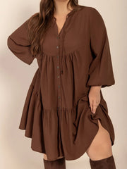 Tie Neck Balloon Sleeve Tiered Dress - Plus Size