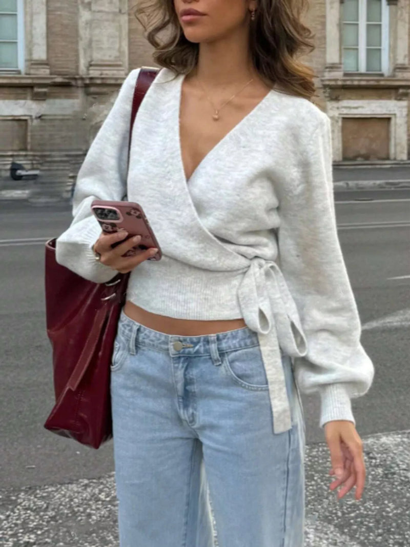 Tie Waist Surplice Sweater