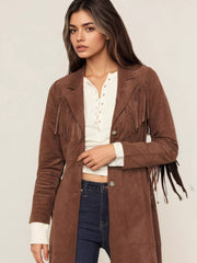 Fringe Lapel Collar Long-Sleeve Coat