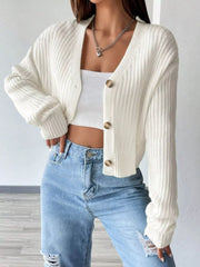 Rib-Knit Button-Up Cropped Cardigan