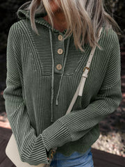 Mineral Wash Rib-Knit Button Drawstring Neck Hooded Sweater