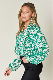 Printed Ruffle Trim Balloon Sleeve Shirt - Plus Size