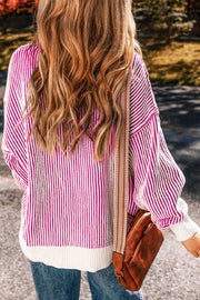 Striped Textured Knit Contrast Edge Relaxed Sweater