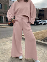 Drop-Shoulder Puff Sleeve Crop Top and Drawstring Wide-Leg Pants Set