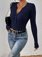 Rib-Knit Button-Front Knit Top
