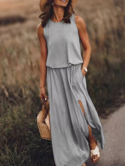 Round-Neck Sleeveless Slit Maxi Dress - Plus Size