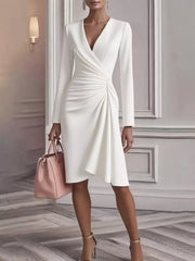 Front Ruched V-Neck Long-Sleeve Dress