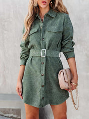 Button-Front Belt Long-Sleeve Corduroy Dress