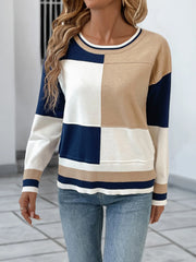 Color-Block Round-Neck Sweater with Ribbed Trim