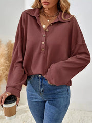 Button-Front Waffle Knit Polo Sweatshirt