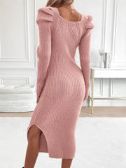 Rib-Knit Square-Neck Bodycon Sweater Dress