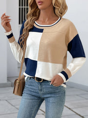Color-Block Round-Neck Sweater with Ribbed Trim