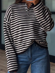 Button Detail Drop-Shoulder Striped Sweater