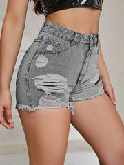Distressed Raw Hem High-Rise Denim Shorts
