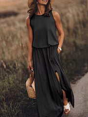 Round-Neck Sleeveless Slit Maxi Dress - Plus Size