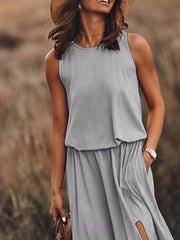 Round-Neck Sleeveless Slit Maxi Dress - Plus Size