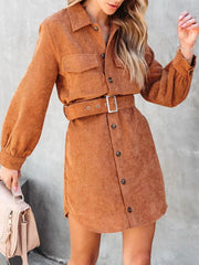 Button-Front Belt Long-Sleeve Corduroy Dress