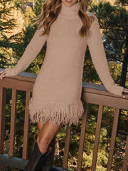 Fringe Turtleneck Long-Sleeve Sweater Dress