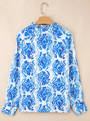 Printed Tie Split Neck Button-Front Puff Sleeve Shirt