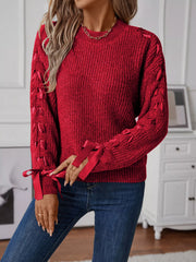 Ribbon-Tie Sleeve Round-Neck Sweater