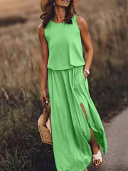Round-Neck Sleeveless Slit Maxi Dress - Plus Size
