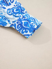 Printed Tie Split Neck Button-Front Puff Sleeve Shirt