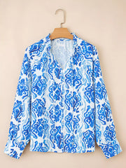 Printed Tie Split Neck Button-Front Puff Sleeve Shirt