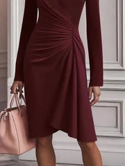 Front Ruched V-Neck Long-Sleeve Dress