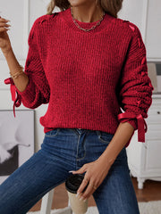 Ribbon-Tie Sleeve Round-Neck Sweater